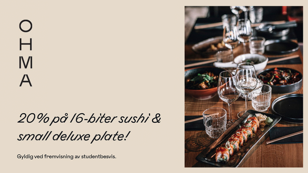Dekket bord med sushiruller og asiatiske retter hos OHMA, med teksten «20 % på 16-biter sushi & small deluxe plate»