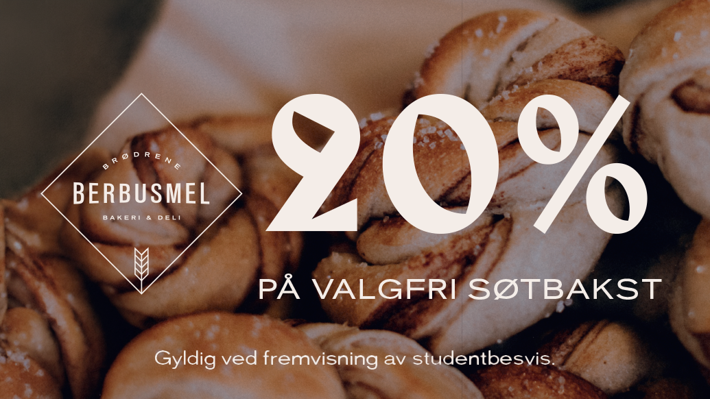 Nybakte kanelknuter med perlesukker, med Brødrene Berbusmel-logo og teksten «20 % på valgfri søtbakst»