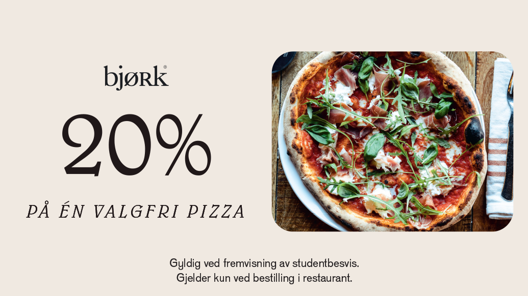 Steinovnsbakt pizza med spekeskinke og ruccola fra Bjørk, med teksten «20 % på én valgfri pizza»
