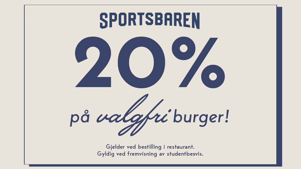 Kupong fra Sportsbaren med teksten «20 % på valgfri burger»
