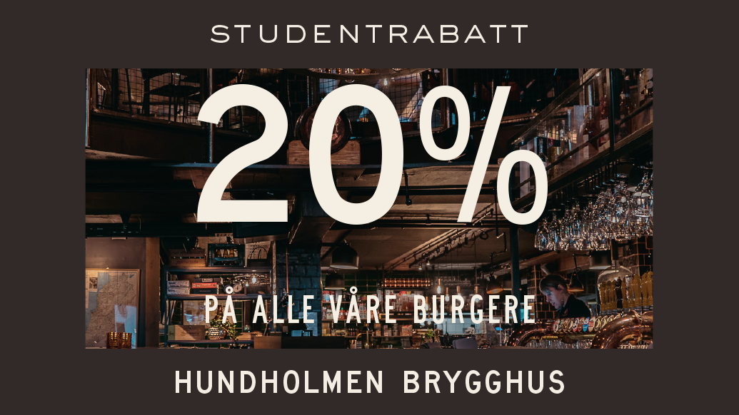 Interiør fra Hundholmen Brygghus i Bodø med varm belysning, og teksten «Studentrabatt 20 % på alle våre burgere»