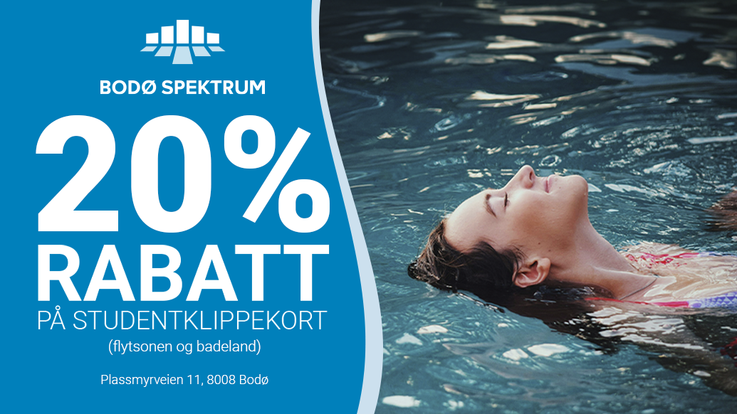Kvinne som flyter avslappet på ryggen i et basseng, med Bodø Spektrum-logo og teksten «20 % rabatt på studentklippekort»
