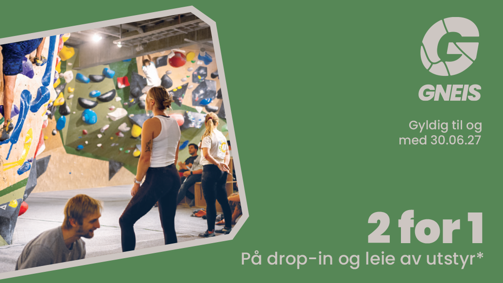 Personer som buldrer på en klatrevegg med fargerike tak hos Gneis Lilleaker, med teksten «2 for 1 på drop-in og leie av utstyr»