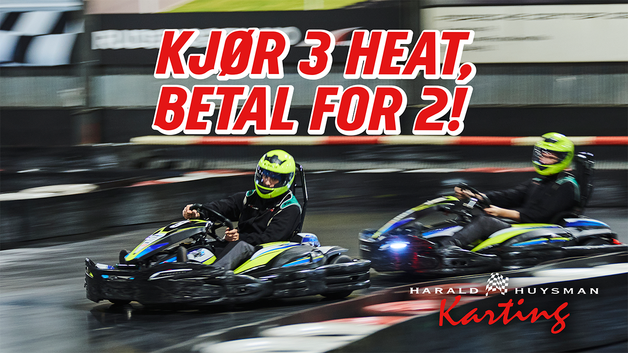 To personer kjører gokart hos Harald Huysman Karting – kjør tre heat til prisen av to med rabattkupong fra Studentkalender.